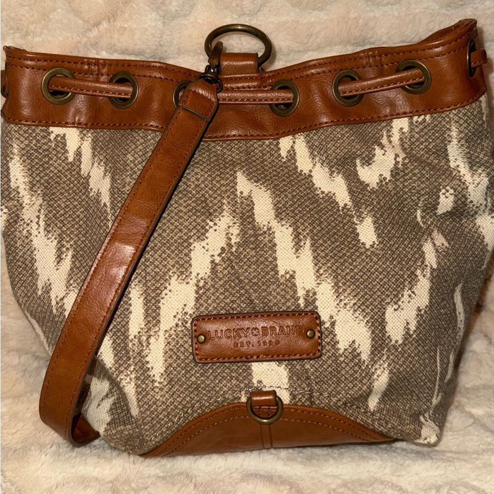 Lucky Brand BALI HAI Textile Brown Leather Hobo Bucket Shoulder Bag Tote Boho